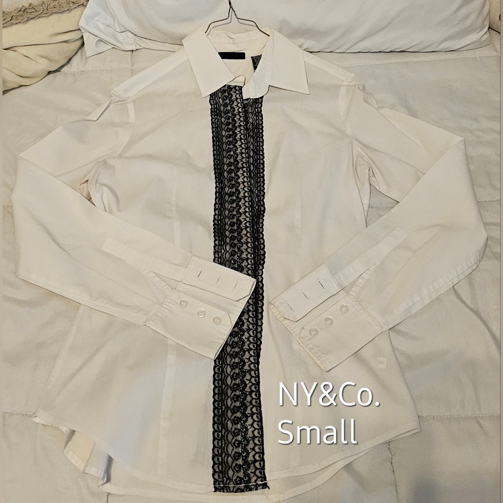 NY&Co White / Black Lace Long Sleeve button down Small